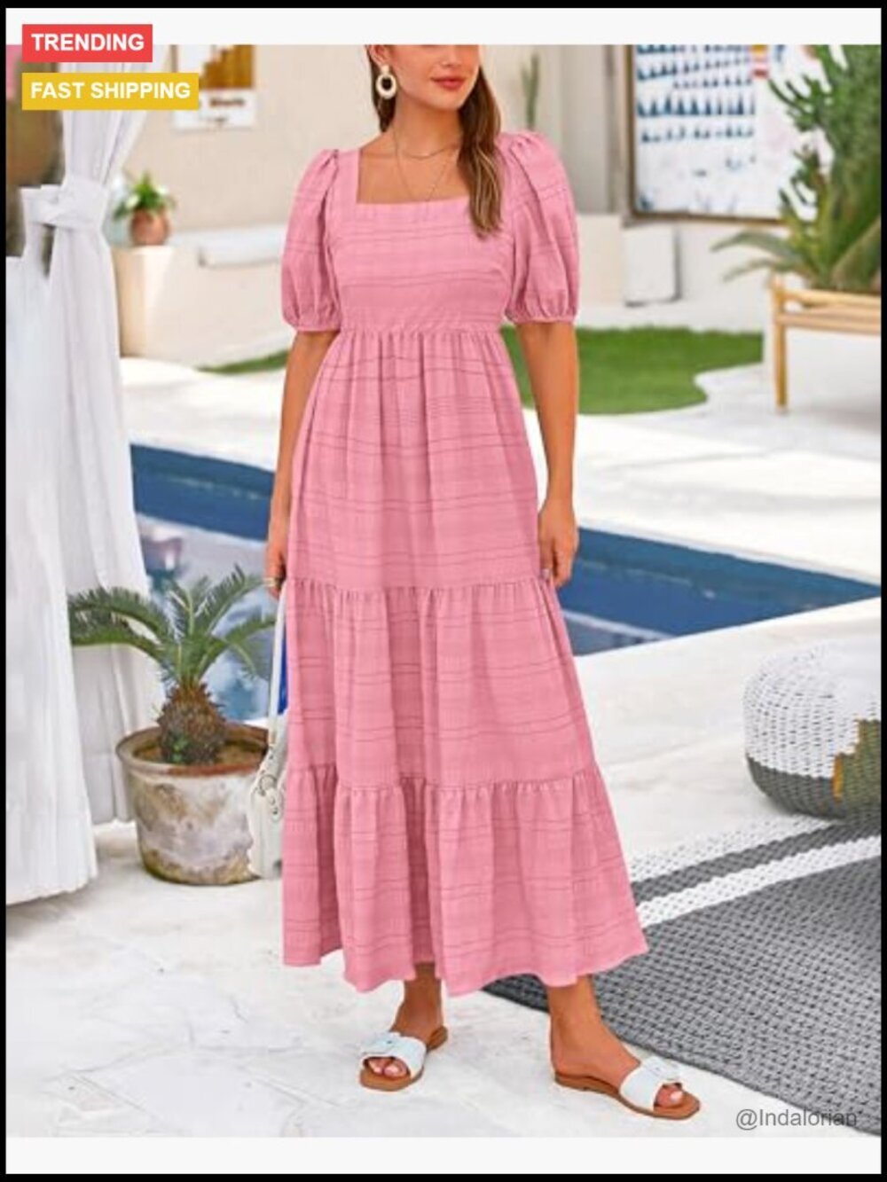 Polyester Puff Sleeve Square Neck Smocked Back A-Line Midi Dress - Picture 4 of 7